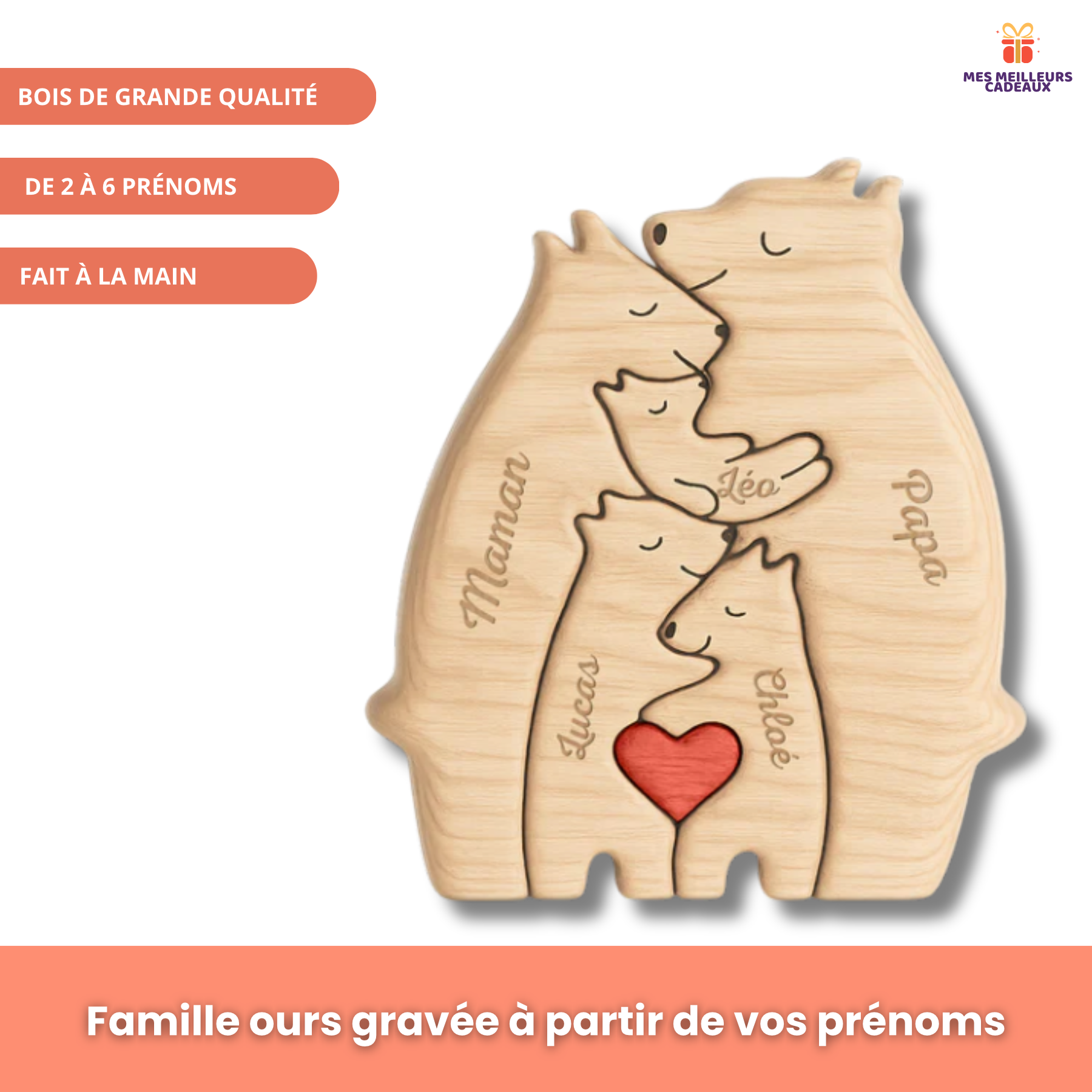 Famille ours en bois personnalisée avec prénoms - 2 à 6 ours