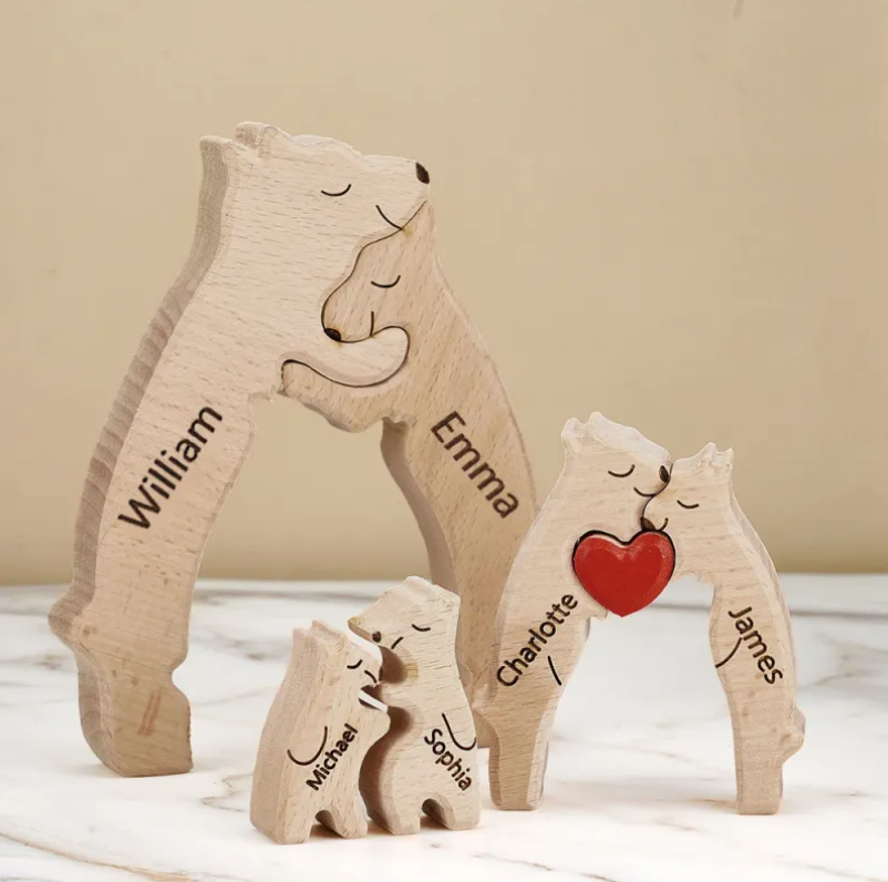 Famille ours en bois personnalisée avec prénoms - 2 à 6 ours